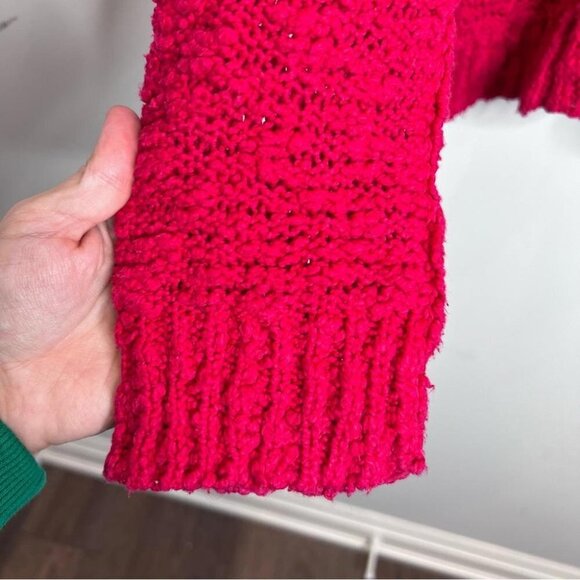 Free People Womens Size Small Bright Pink Loose Knit V Neck Oversized Sweater - Picture 3 of 9